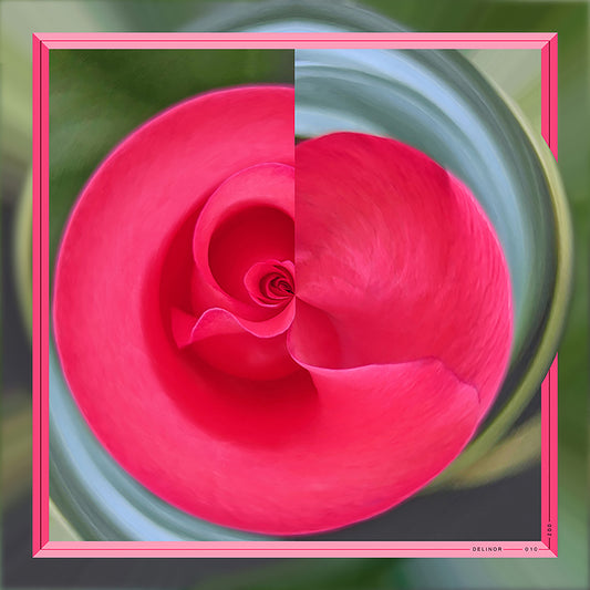 Delinor carre soie Freyja vert bleu vue entiere 16x16 luxury fuchsia green blue silk scarf