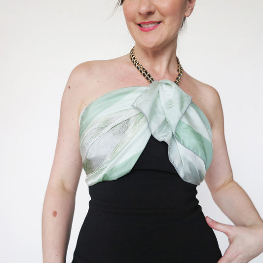 Delinor carre soie Odyssea vert sauge 35in 90cm luxury mint green silk scarf wear top blouse