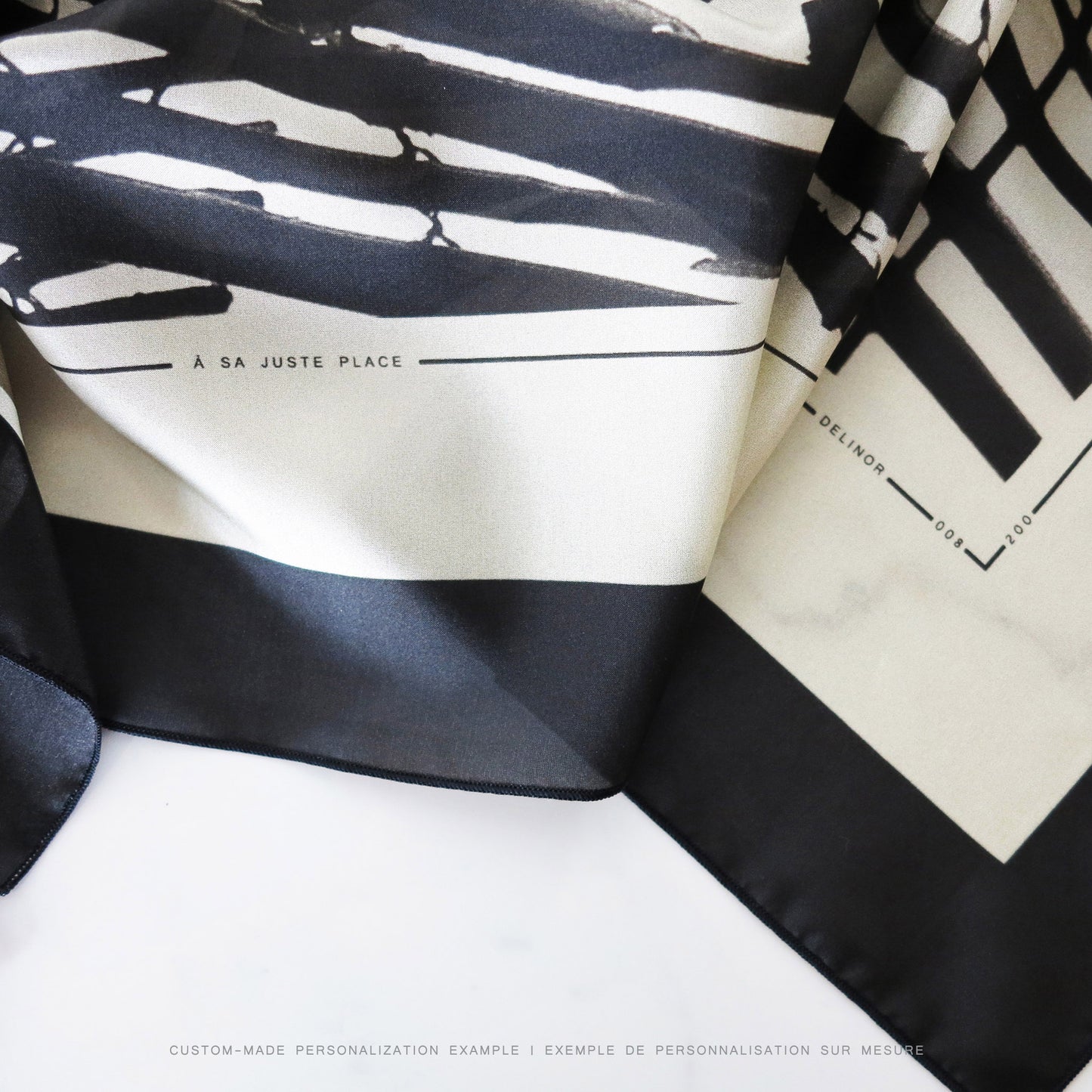 Delinor carre soie Mana noir personnalise 35in 90cm luxury black beige taupe custom silk scarf