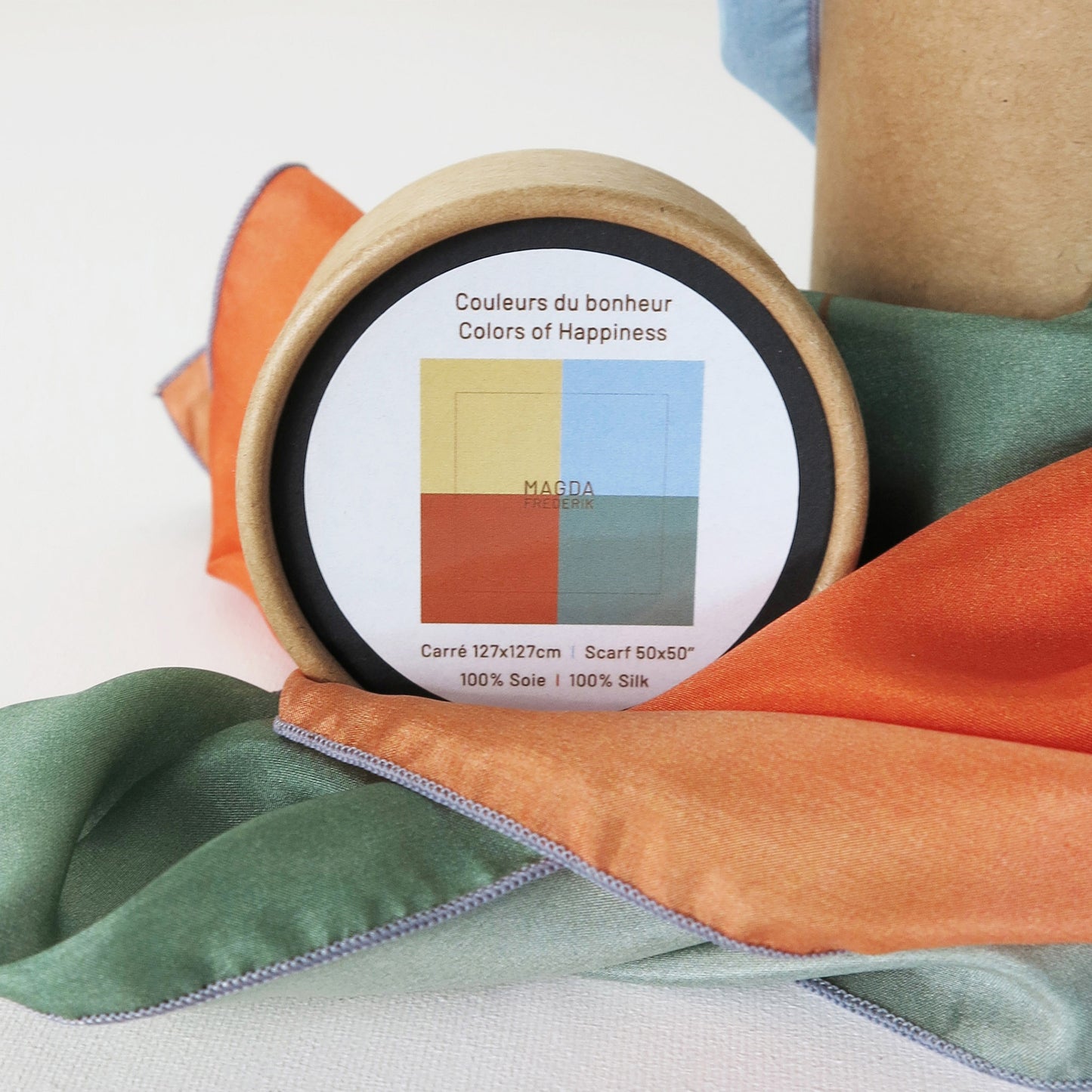 Delinor foulard soie Couleurs du bonheurV1 50in 127cm luxury orange green blue silk scarf spec