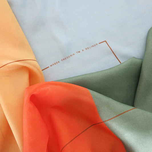 Delinor foulard soie Couleurs du bonheurV1 50in 127cm luxury orange green blue silk scarf collabMF