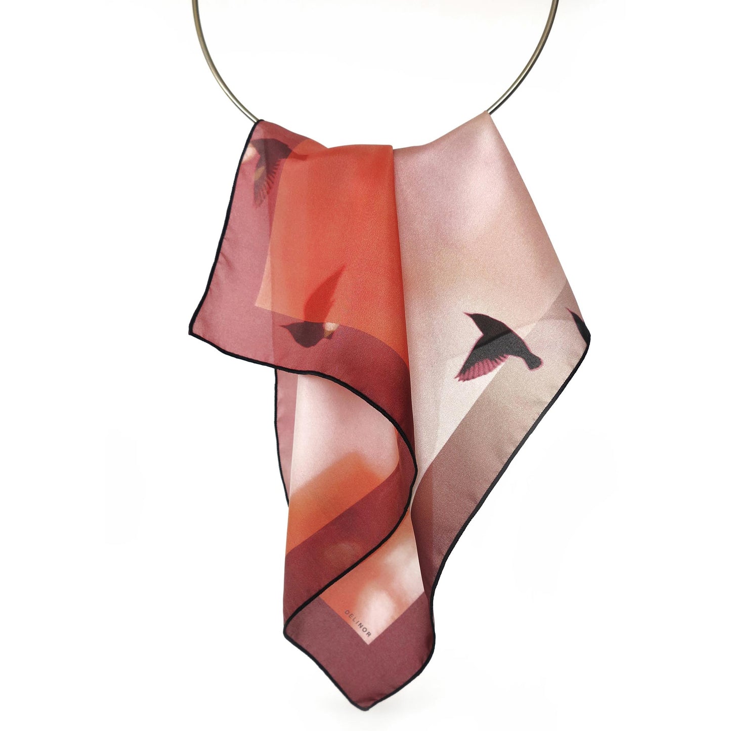 Delinor foulard soie Aera Rosella Petit 16in 40cm luxury silk scarf bird red oxblood pink plum Designed Montreal