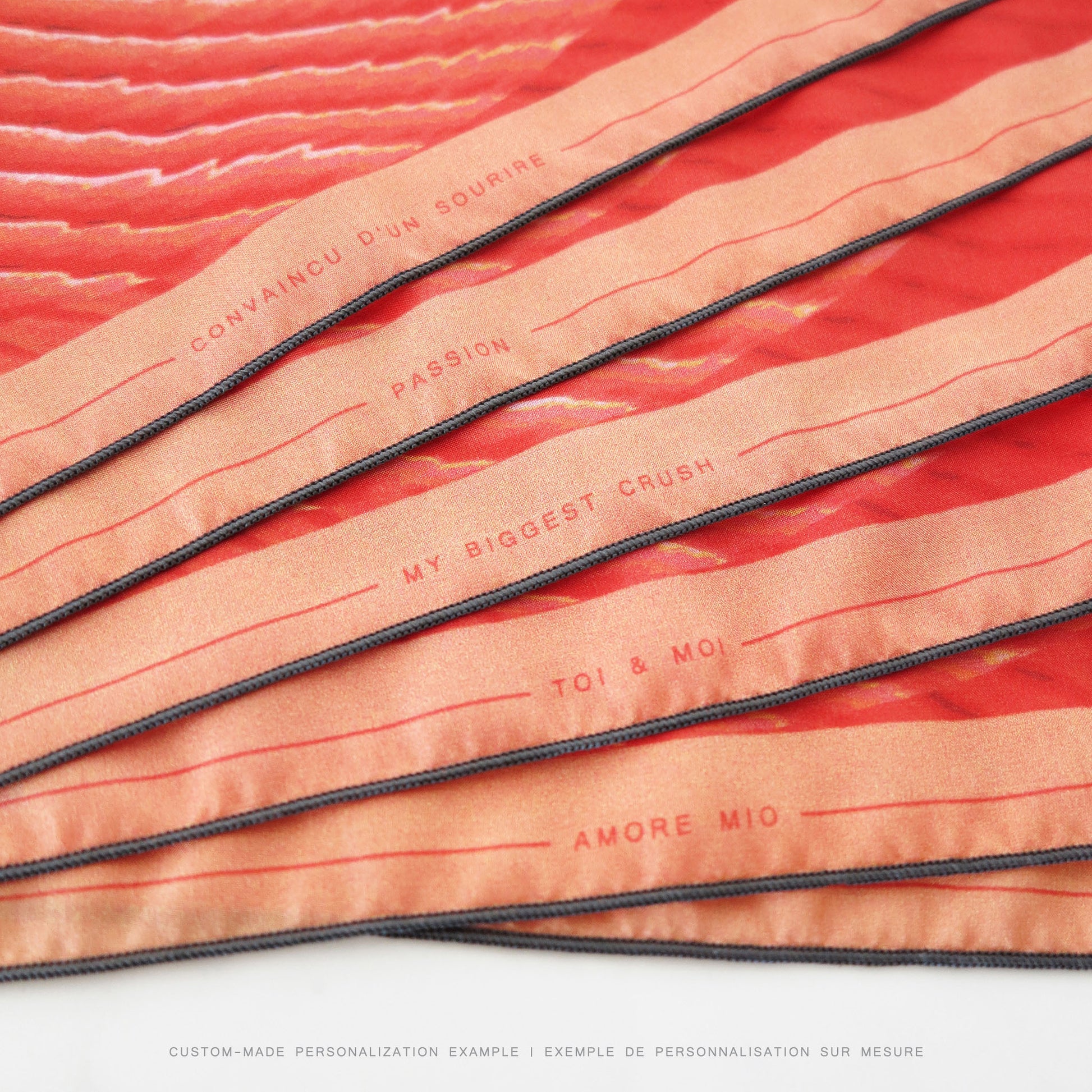 Delinor Carre soie Aurora bordure brodee 16x16 luxury red coral custom silk scarf 