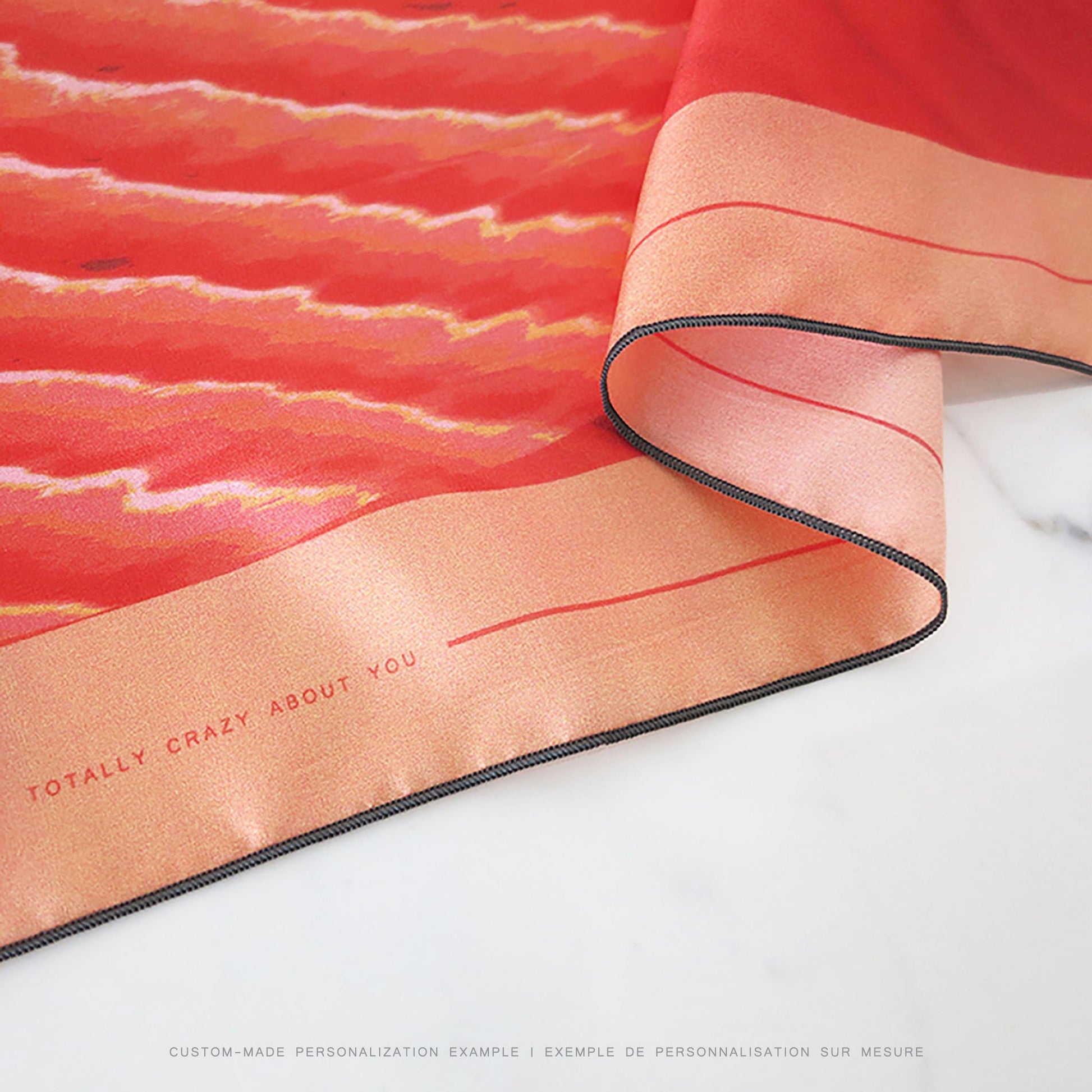 Delinor  Carre Aurora soie mots personnalises 35in 90cm luxury red coral silk custom example