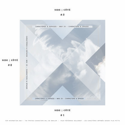 Delinor Carre soie Fidem exemple mots personnalises 16x16 custom notes phrases silk scarf