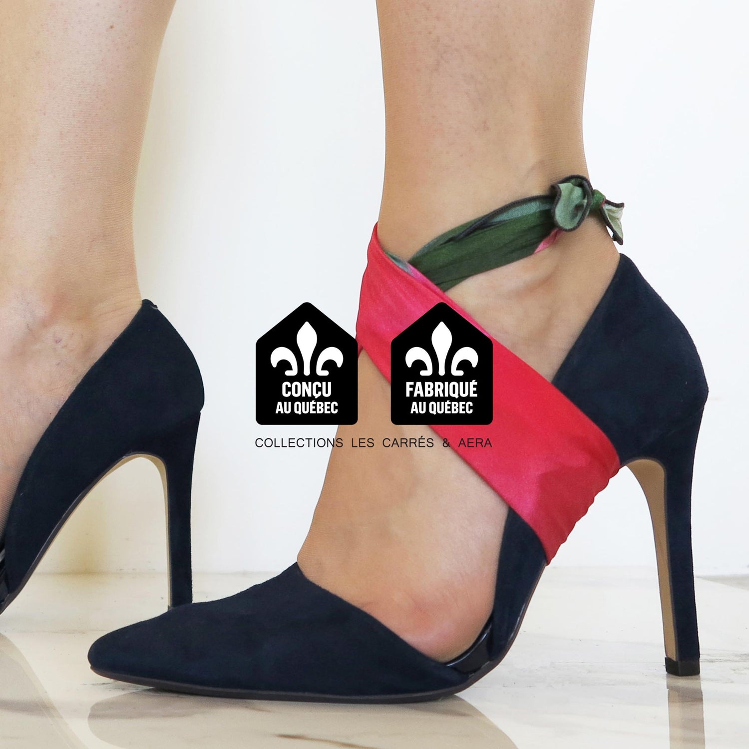 Delinor foulard soie Freyja 16x16 silk scarf wear shoes certification concu fabrique quebec made canada