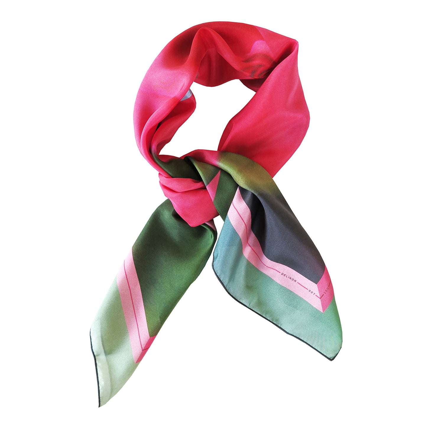 Delinor carre soie Freyja vert bleu 35in 90cm luxury fuchsia green blue silk scarf knot wrap