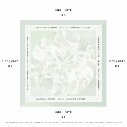 Delinor carre soie Odyssea mots personnalise phrase 16x16 mint green custom notes silk scarf 