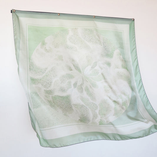 Delinor carre soie Odyssea  vert sauge 35in 90cm  luxury mint green silk scarf  art display view