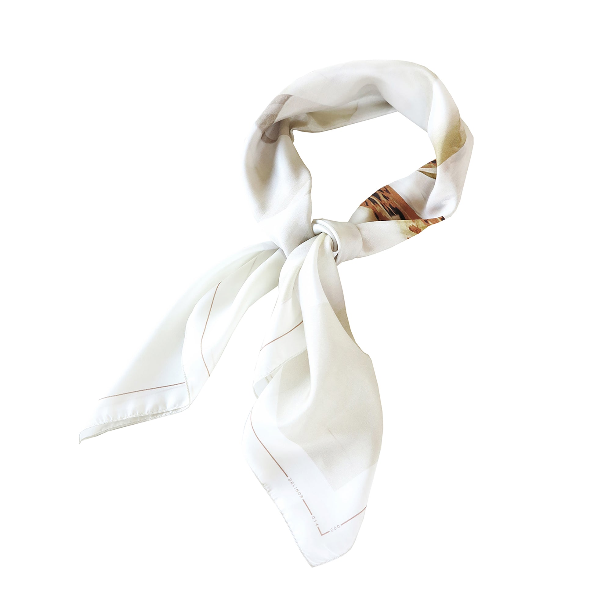 Delinor carre soie Rosa Pax blanc ocre 35in 90cm luxury custom ocre white silk scarf knot wrap