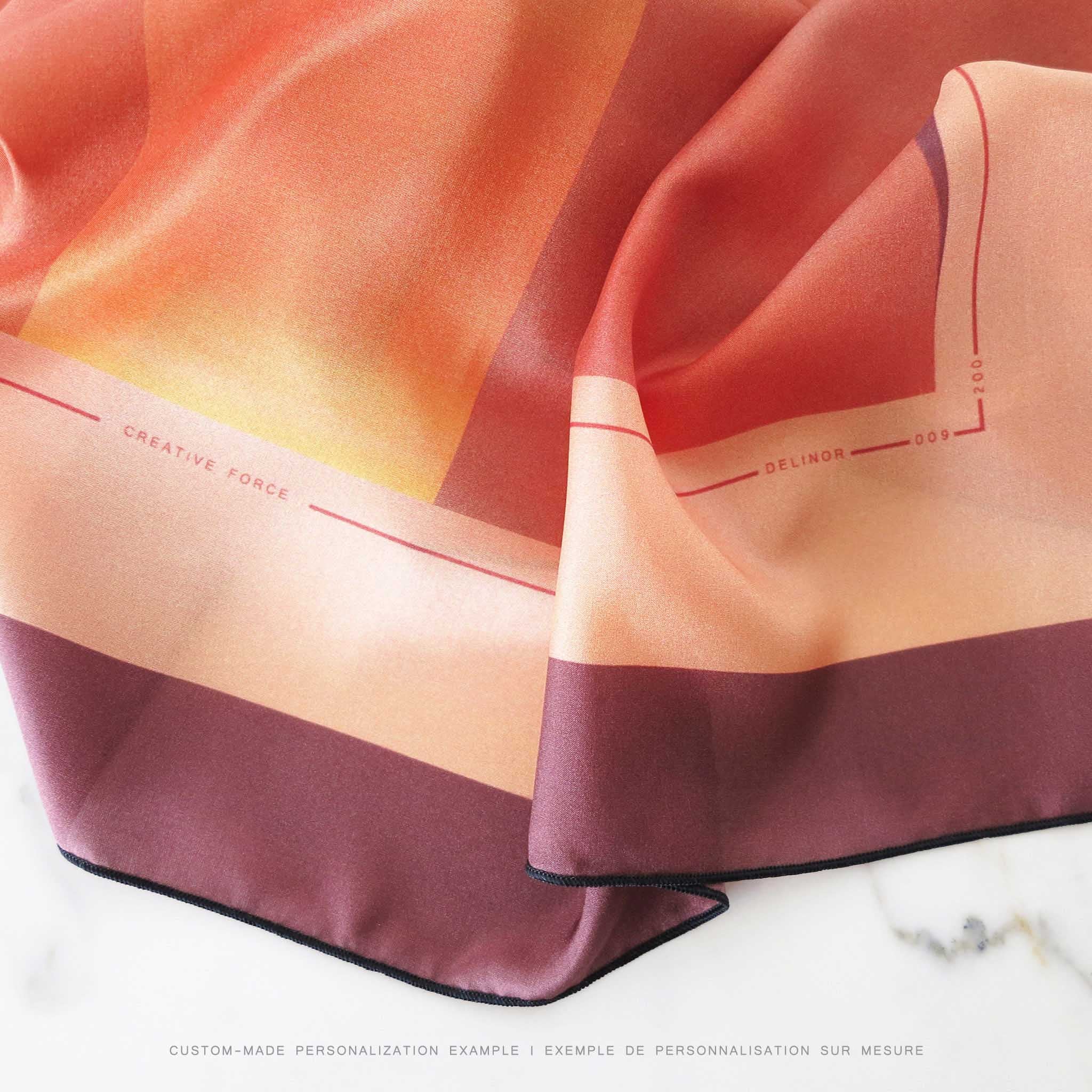 Delinor carre soie Lautitia bourgogne  35in 90cm luxury red burgundy coral custom silk scarf 