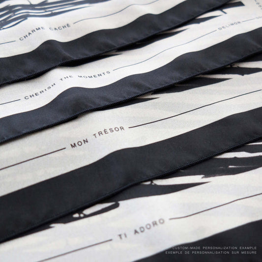 Delinor carre soie Mana noir personnalise16x16 luxury black beige taupe greigecustom silk scarf 