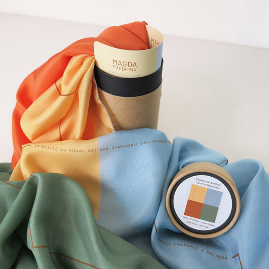 Delinor foulard soie Couleurs du bonheur 50in 127cm luxury orange green blue silk scarf spec