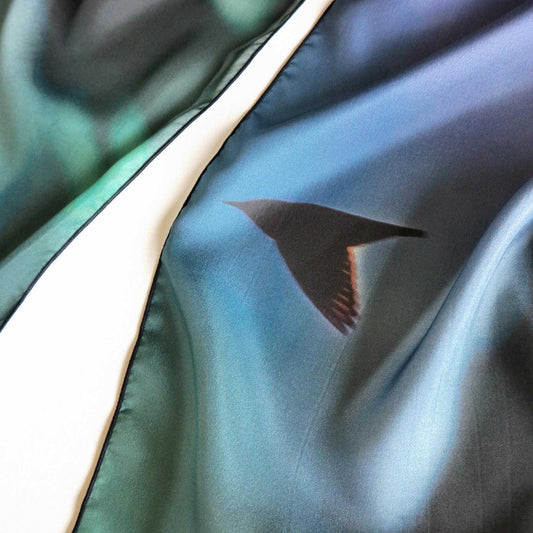 Delinor foulard soie Aera Noctis 16x72in 40x182cm luxury silk scarf faune oiseau turquoise bird Montreal