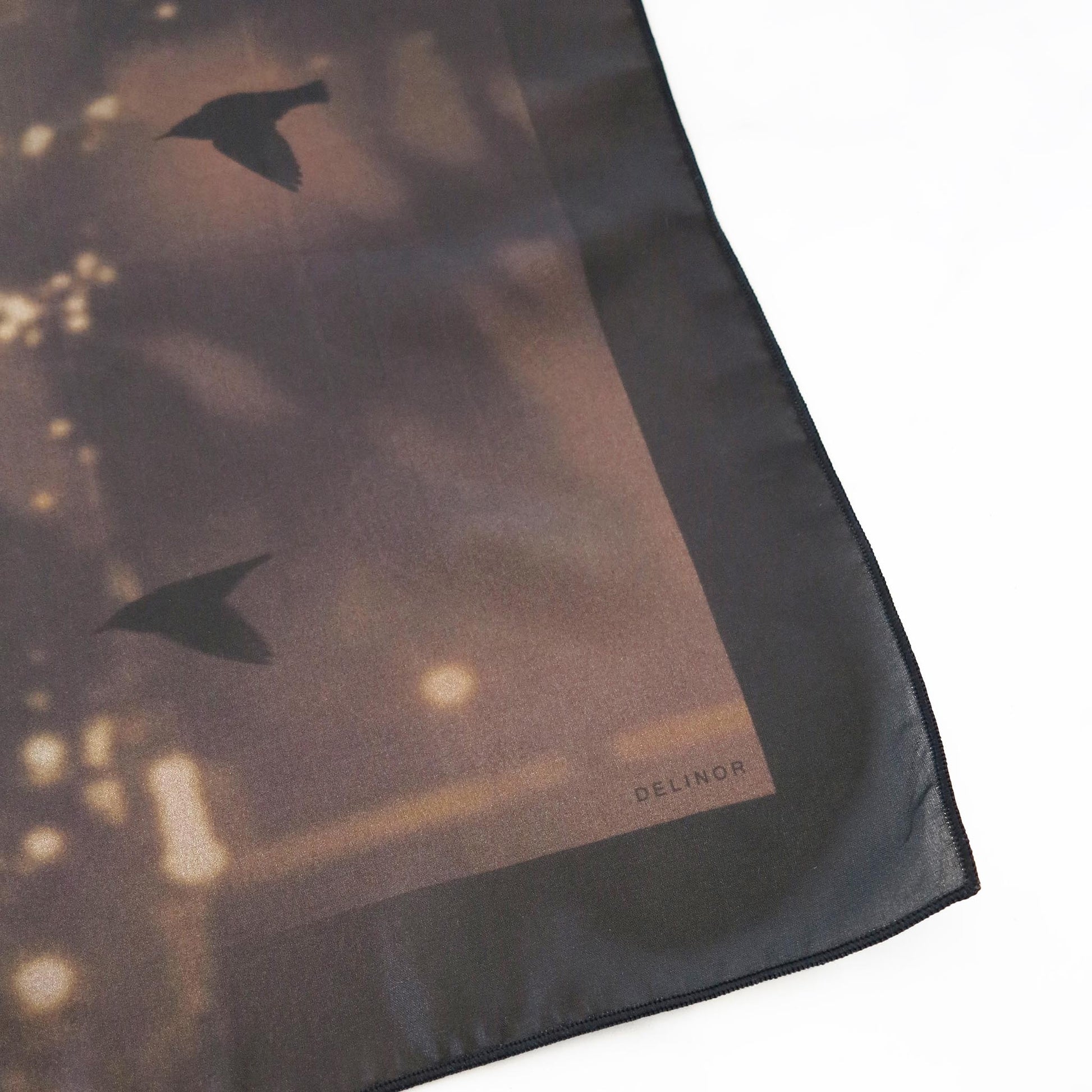 Delinor foulard soie Aera Terranova Petit 16in 40cm silk scarf logo birds oiseaux nature chocolate